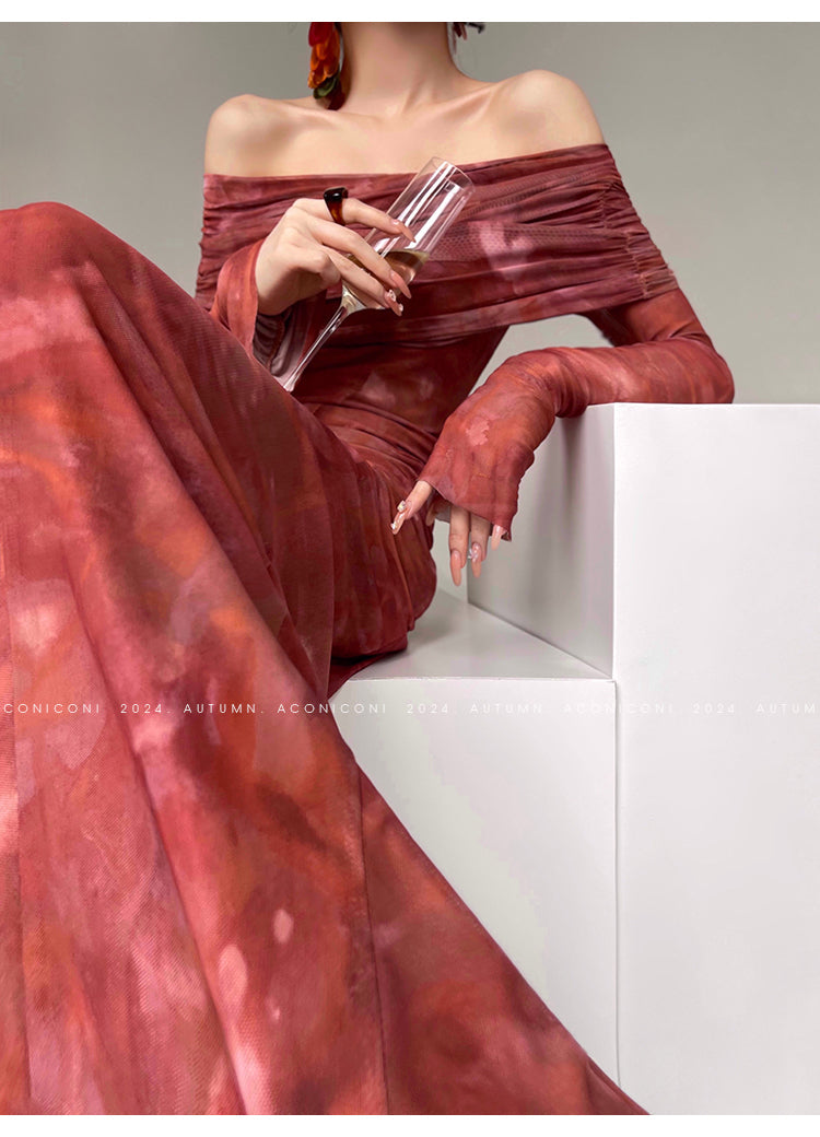 Aconiconi Luxury maxi fish Skirt Off shoulder top - Amber Sweet Tea