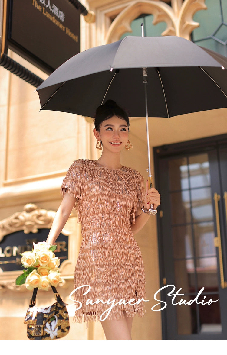 Quality Haute couture hand-cut tassel beaded pieces embroidered cocktail dress