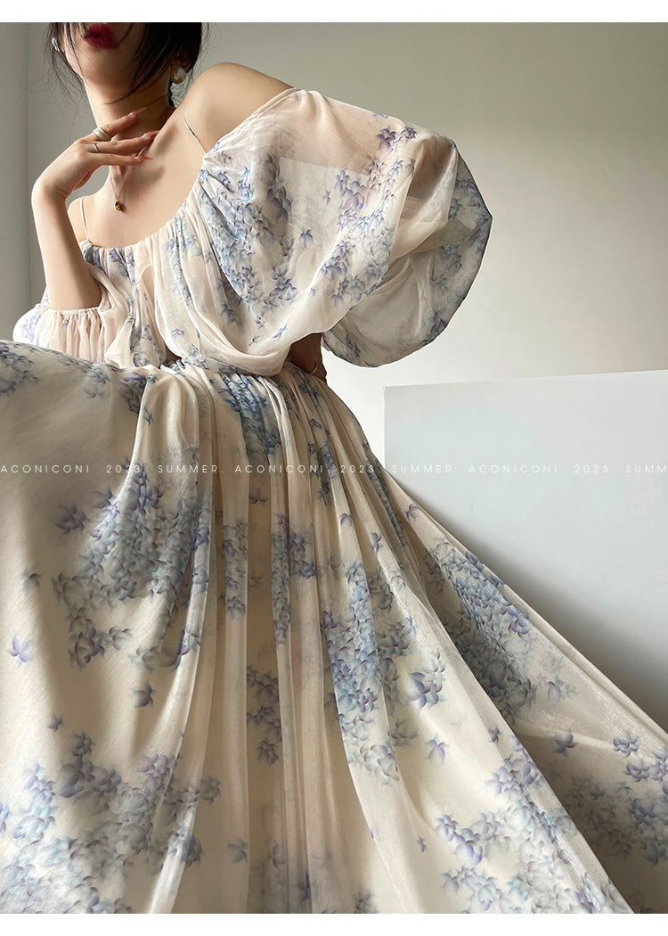 Aconiconi| Slip Off-the-Shoulder Top Skirt - Flower fairy