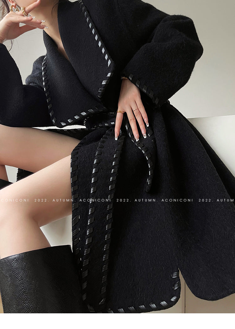Aconiconi| Full wool coat classic double-sided wool woven belt coat -Nocturne