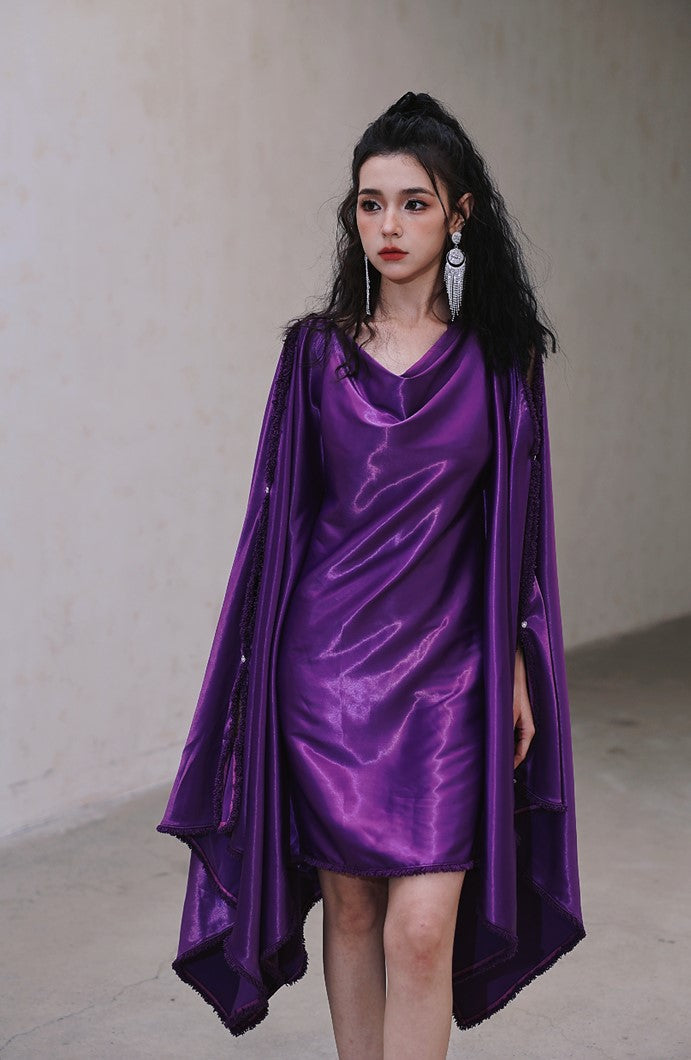DOLLY Elegant Deep Purple Off Shoulder Swing Collar Short Party Dress-PREETI