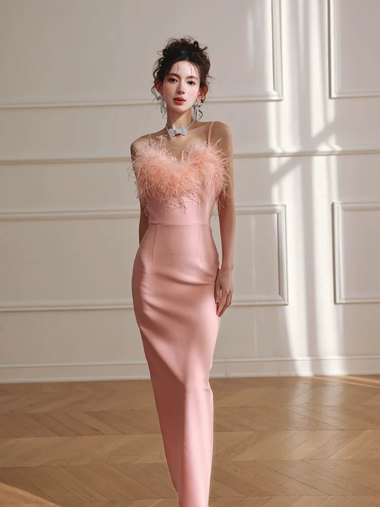 DOLLY Luxury Peach Pink Feather Tube Top Long Dinner Date Dress-VERO