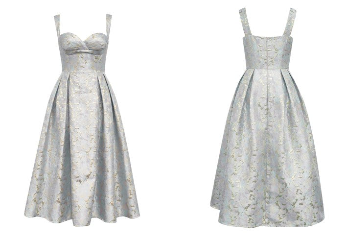 DOLLY Elegant Light Blue French High Waist Long A-Line jacquard Dress- Piere