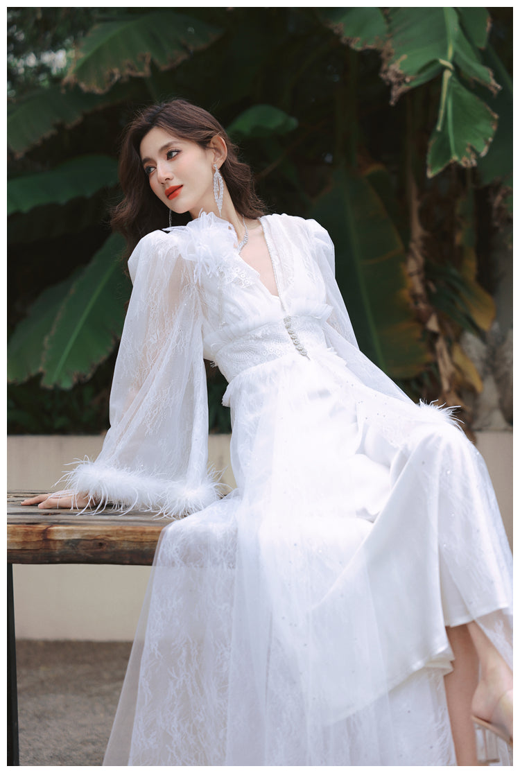 DOLLY Elegant White Deep V-Neck Lace Feather Bell Sleeves Long Robe Dress-ZOBA (V)*