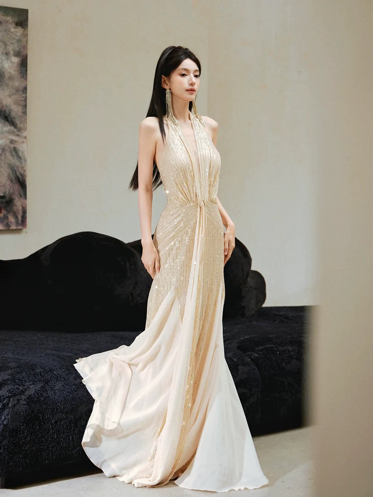 DOLLY Elegant Gold Sleeveless Halter Neck Long Fish Tail Banquet Dress- Carly