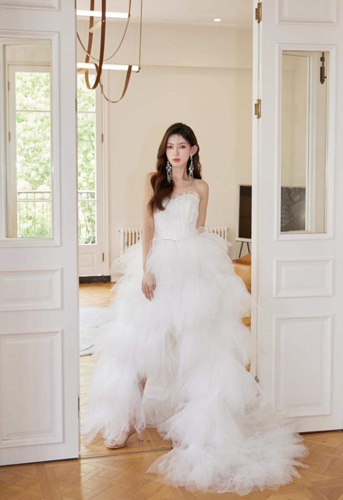 DOLLY Luxury White Feather Tube Top Sleeveless Trail Wedding Dress-ATHINA