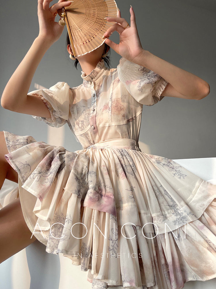 Aconiconi French puff short-sleeved shirt, tank layered printed skirt -  Kono's love letter