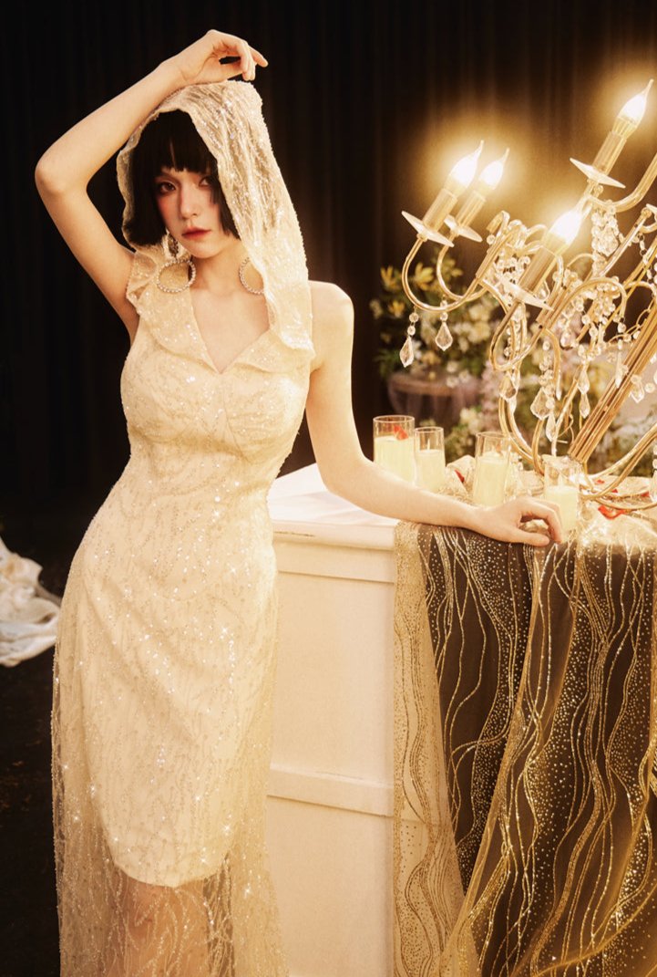 DOLLY High End Beige Ins Style V-Neck Sleeveless Long Lace Dinner Dress-BEVA