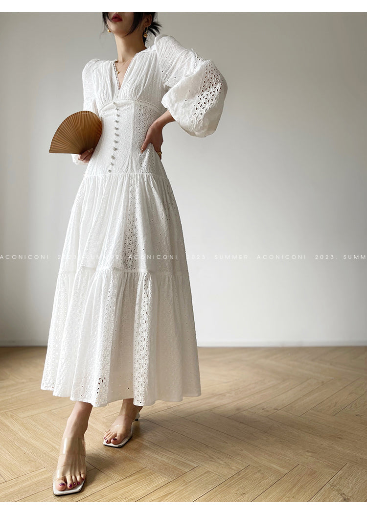 Aconiconi| French coffee break lace cotton white dress - Smoke