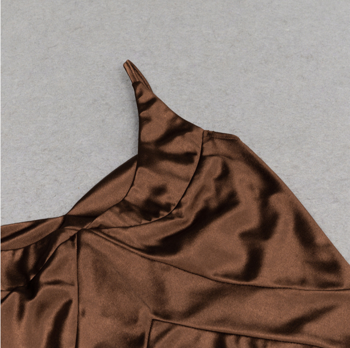 DOLLY Elegant Brown Sleeveless Satin Slim Fit Hip Hug Long Dinner Dress-CRESSIDA