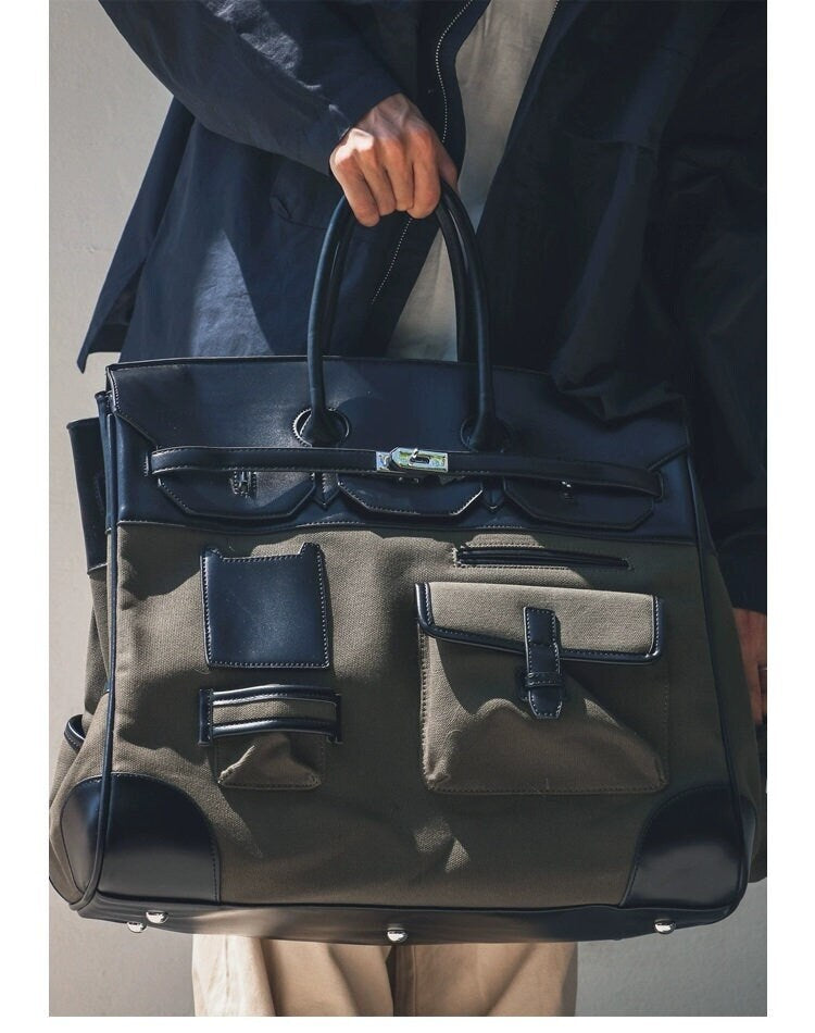 Army green Retro birkin inspired handmade canvas men business travel tote women weekender travel overnight weekend handbag