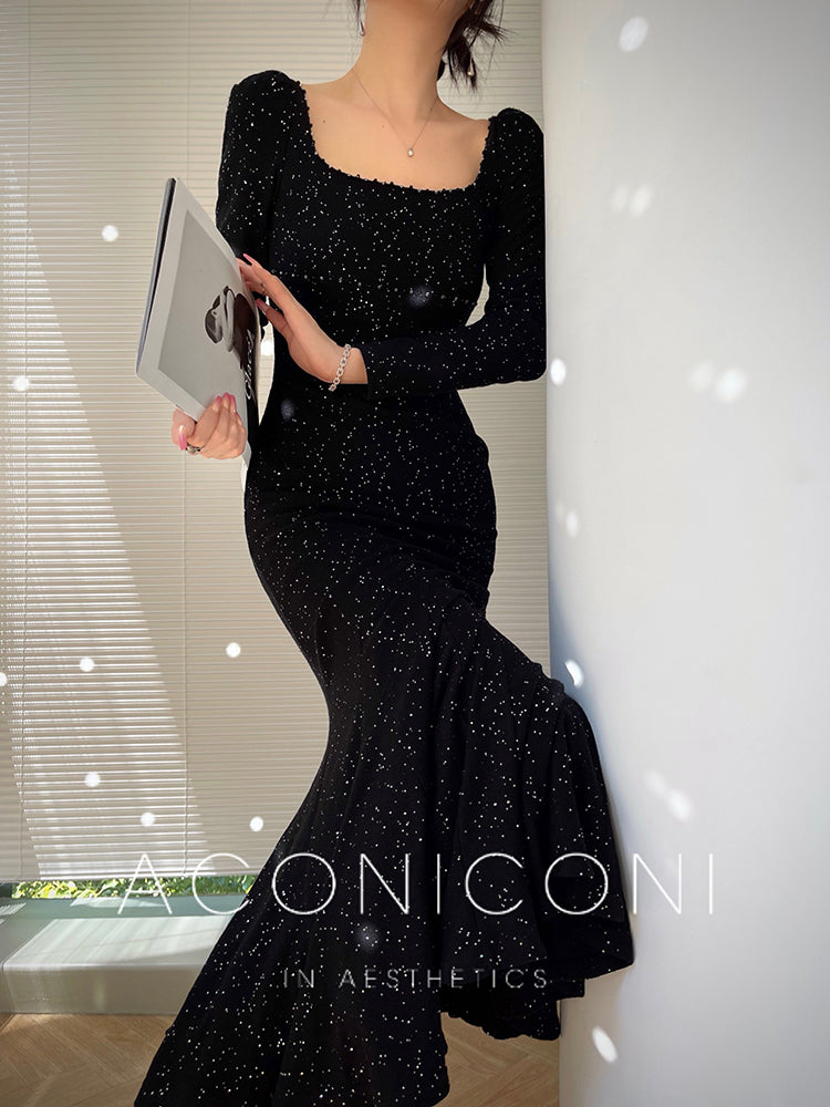 fitted lace wedding dress Aconiconi| Mermaid minimal sequin knitted sweater dress