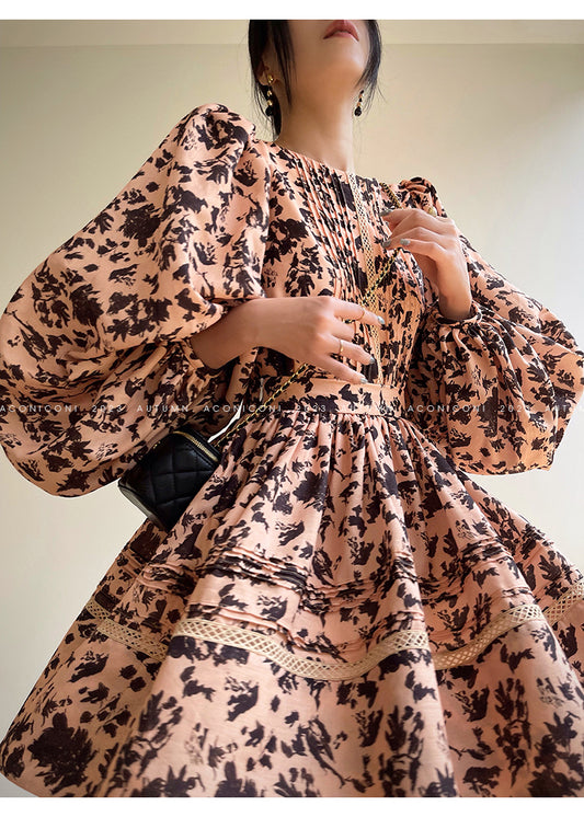 Aconiconi| French print high-end balloon sleeve top dress - Lin Yingyu