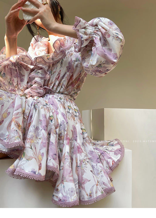 Aconiconi| High end designer printed top shirt + A-line skirt suit - Hyacinth