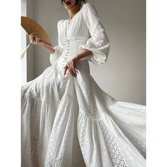 Aconiconi| French coffee break lace cotton white dress - Smoke