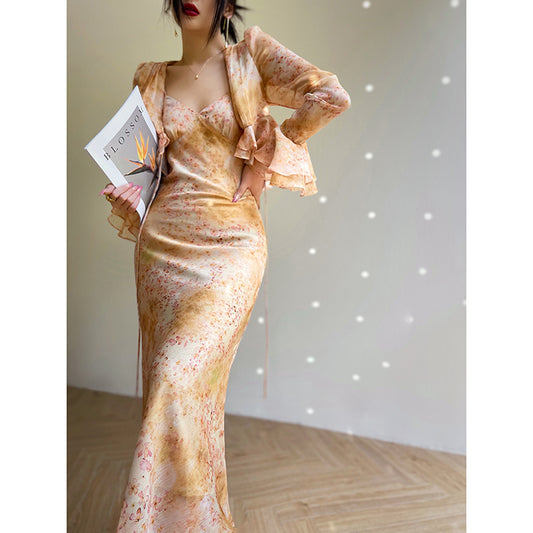 Aconiconi| French elegant print slip dress + top short cardigan-Tsubakino Hanazaki