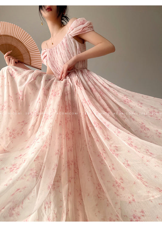 Aconiconi Broken floral slip  birdgertons inspired loose dress -Fuso Hibiscus