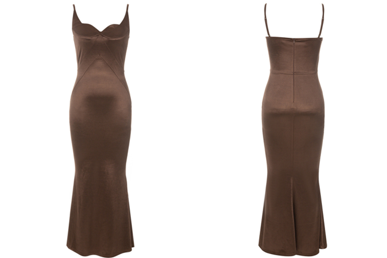 DOLLY Elegant Brown Sleeveless Satin Slim Fit Hip Hug Long Dinner Dress-CRESSIDA