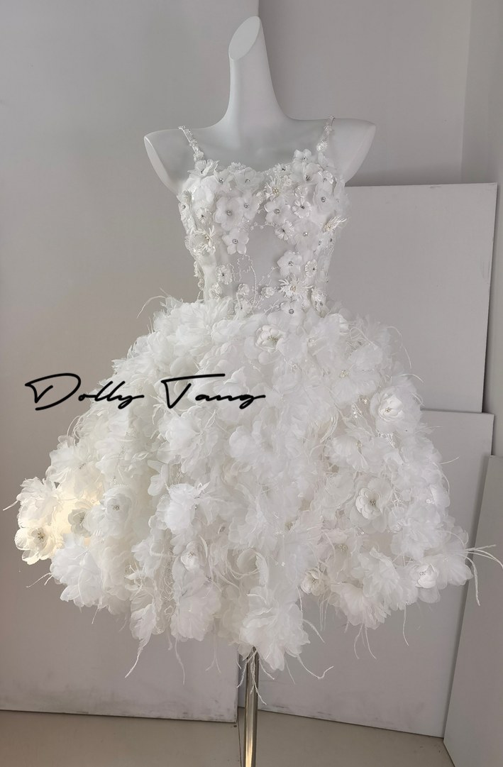 DOLLY Elegant White Embroidery Sleeveless short full Wedding Dress-Benny