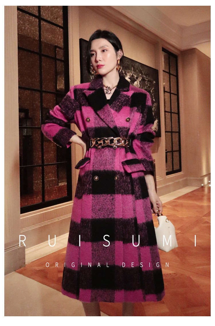 Winter New Design Sense Contrasting Pink Black Plaid Retro Wool Coat Double-breasted Long Coat- Cochela