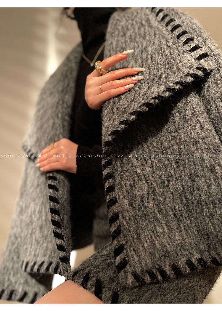 Aconiconi|Gray long hair fall winter wool short coat/skirt - Haizhou