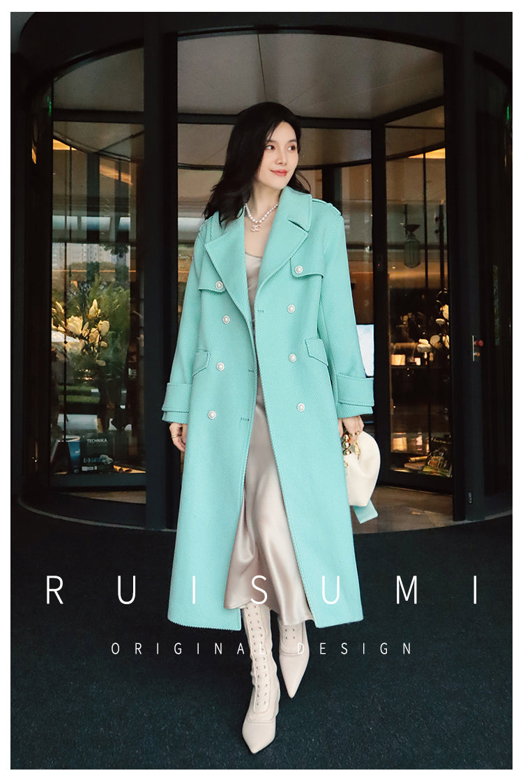 French ladies winter gentle tie tourmaline green elegant light luxury thick twill woolen long sleeve coat- Rita