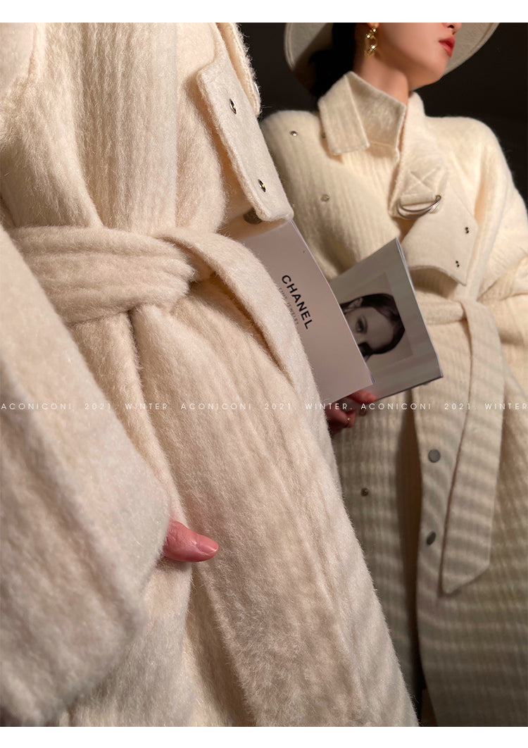 Aconiconi | Double-sided Feminine White Mid-Length wool Coat - Fuji