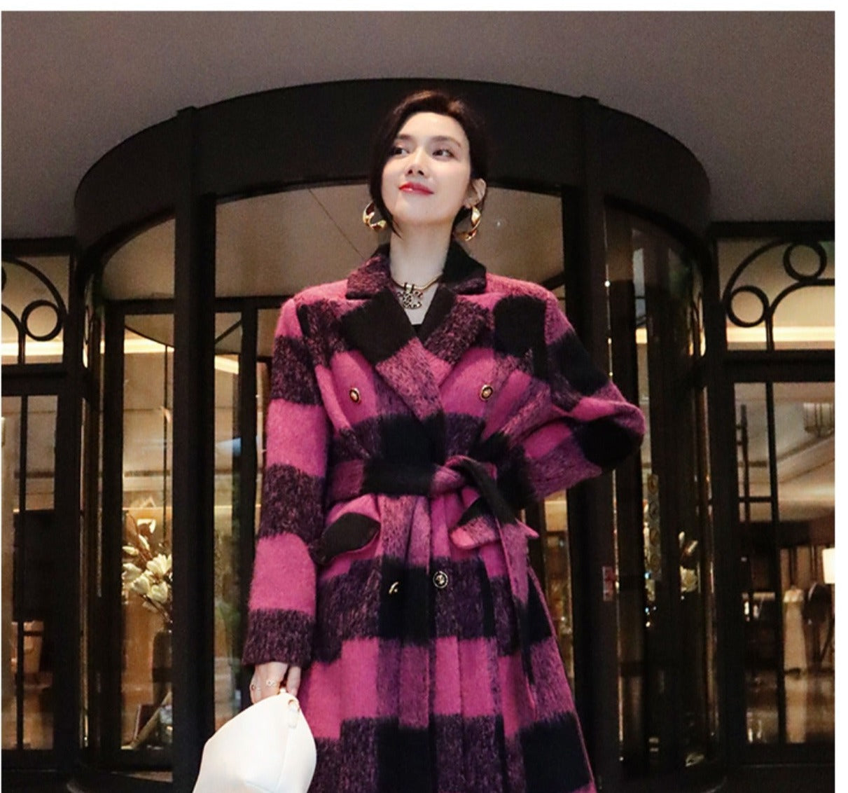 Winter New Design Sense Contrasting Pink Black Plaid Retro Wool Coat Double-breasted Long Coat- Cochela