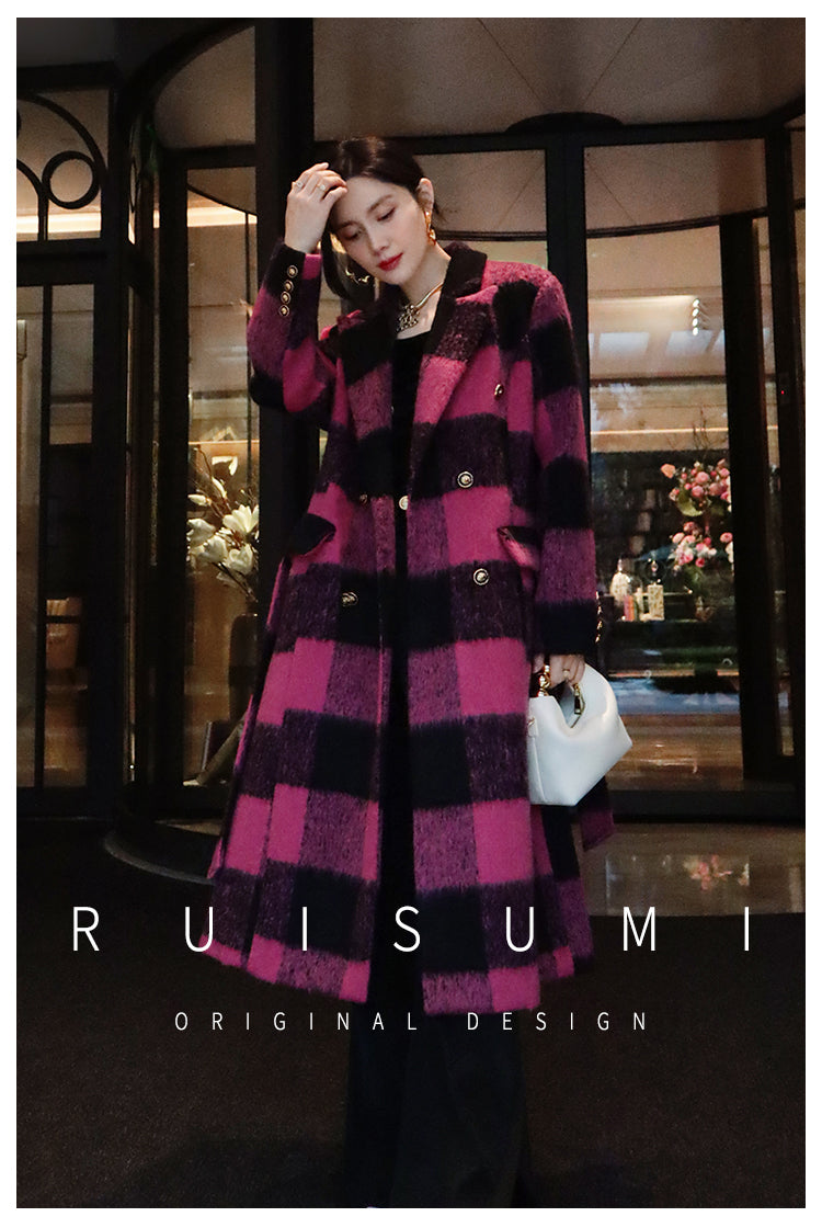 Winter New Design Sense Contrasting Pink Black Plaid Retro Wool Coat Double-breasted Long Coat- Cochela