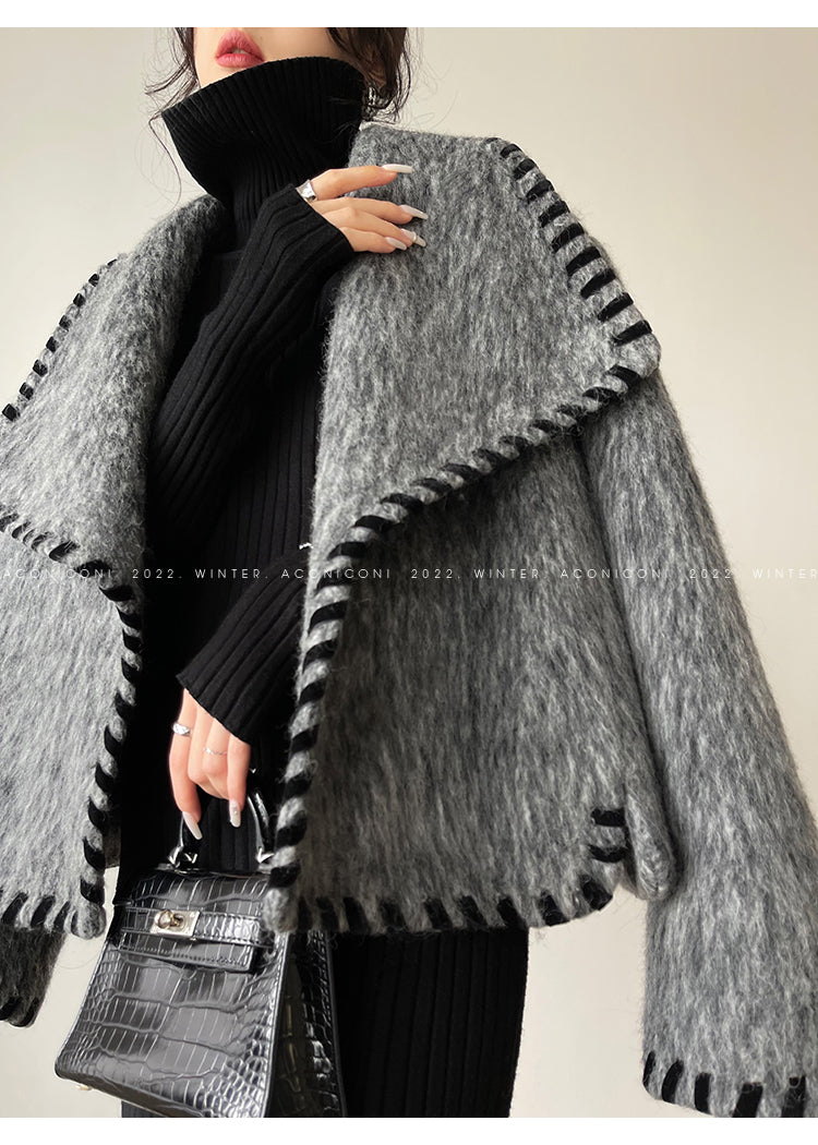 Aconiconi|Gray long hair fall winter wool short coat/skirt - Haizhou