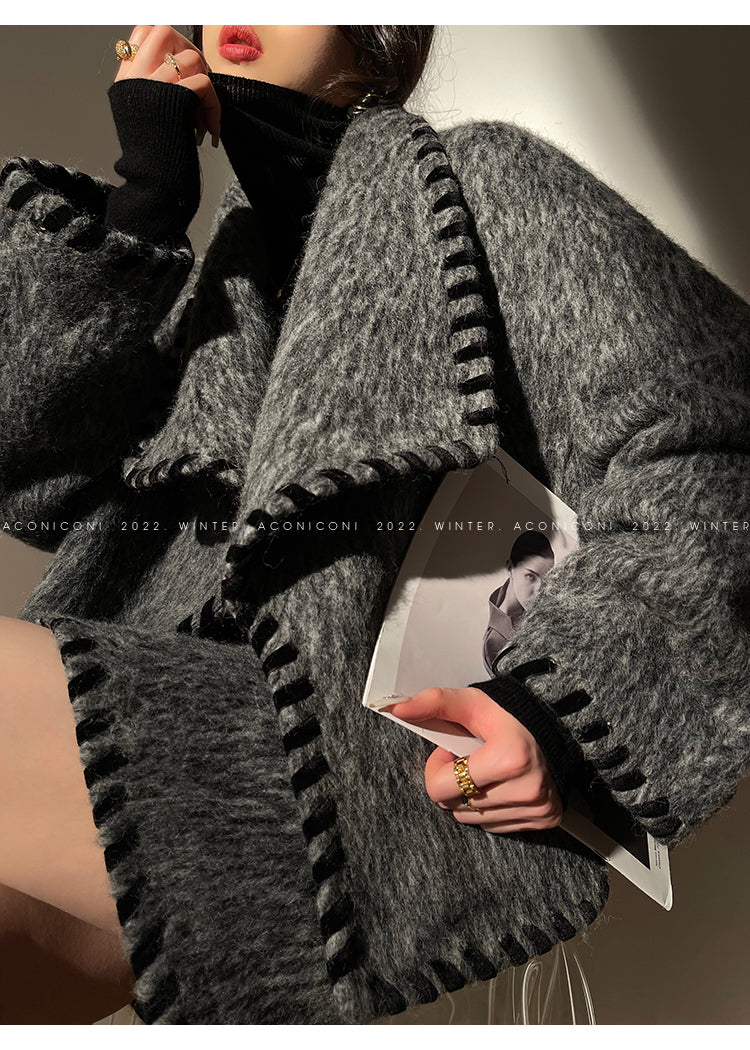 Aconiconi|Gray long hair fall winter wool short coat/skirt - Haizhou