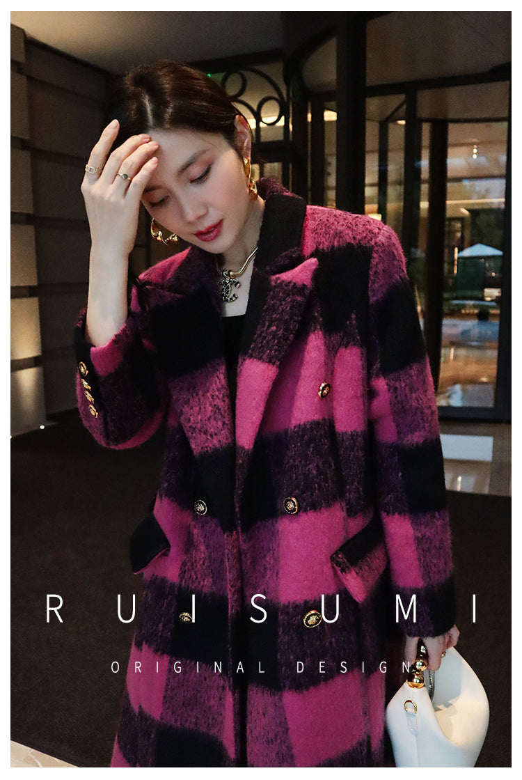 Winter New Design Sense Contrasting Pink Black Plaid Retro Wool Coat Double-breasted Long Coat- Cochela