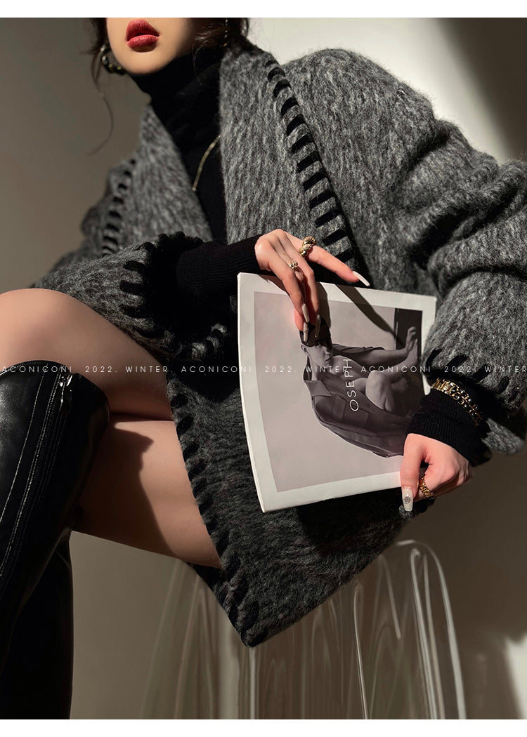 Aconiconi|Gray long hair fall winter wool short coat/skirt - Haizhou