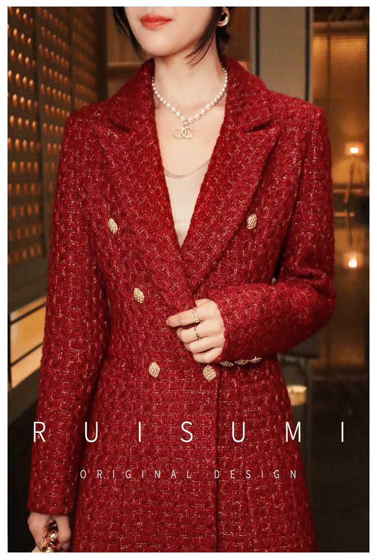 French retro wine red elegant modern bright light luxury waist modern mid-length coat jacket= Dora