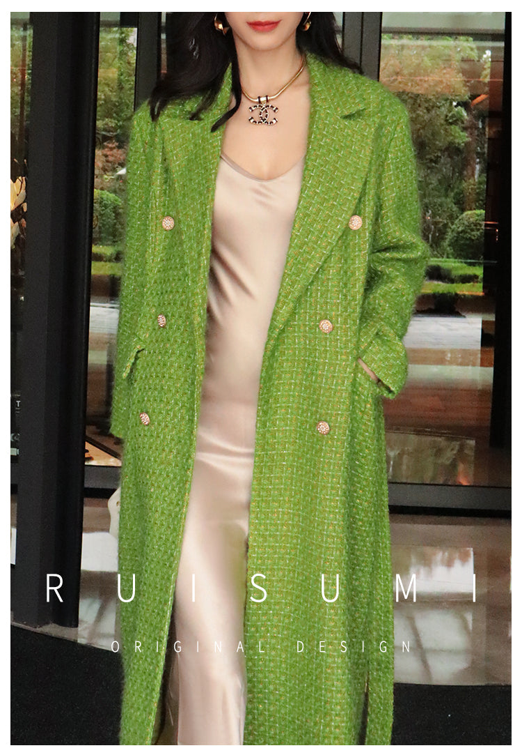 Elegant French style autumn and winter new high-end custom light luxury gold and silver silk small fragrant wind coat green fashionable woolen coat
