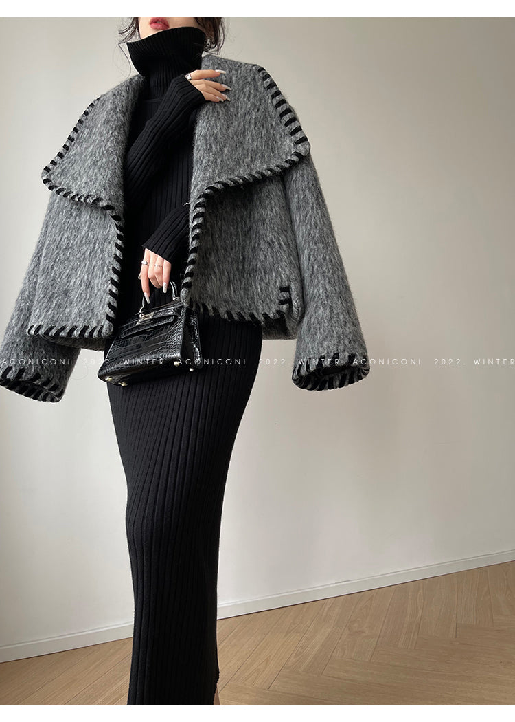 Aconiconi|Gray long hair fall winter wool short coat/skirt - Haizhou
