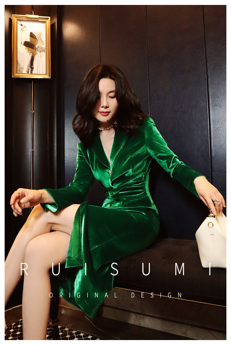 New retro light luxury design sense velvet simple self-cultivation feminine long-sleeved dress- Filia