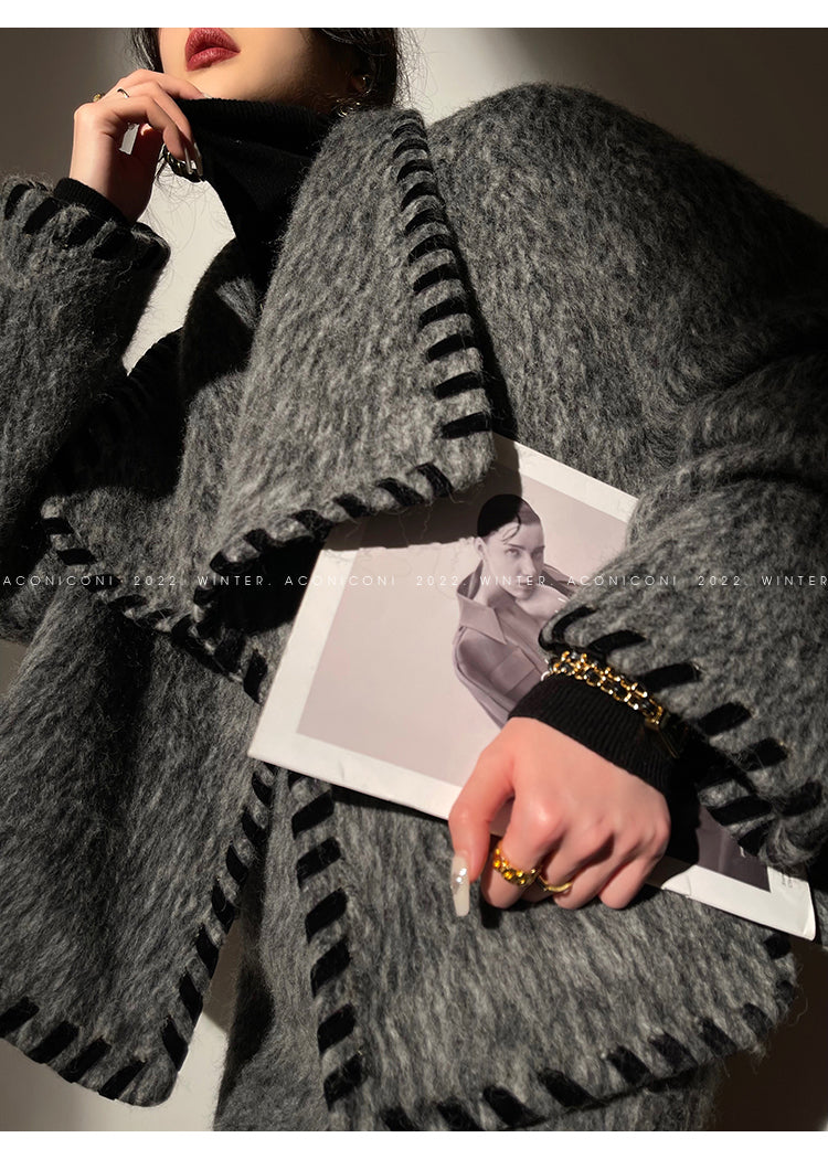 Aconiconi|Gray long hair fall winter wool short coat/skirt - Haizhou