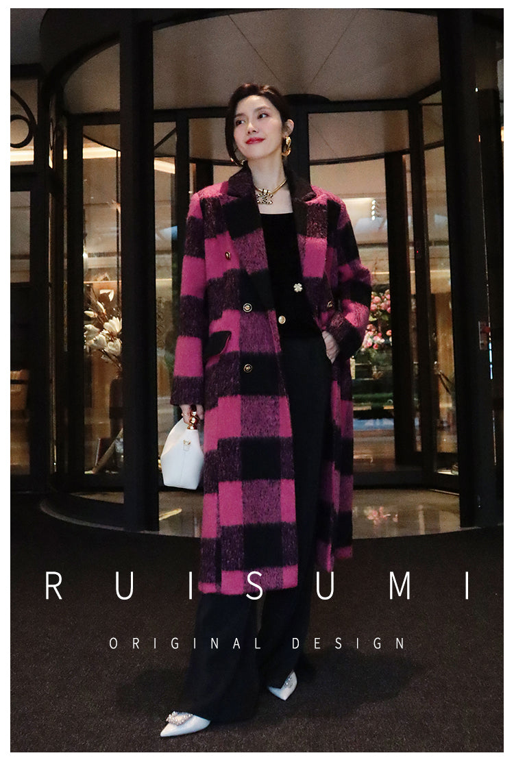 Winter New Design Sense Contrasting Pink Black Plaid Retro Wool Coat Double-breasted Long Coat- Cochela