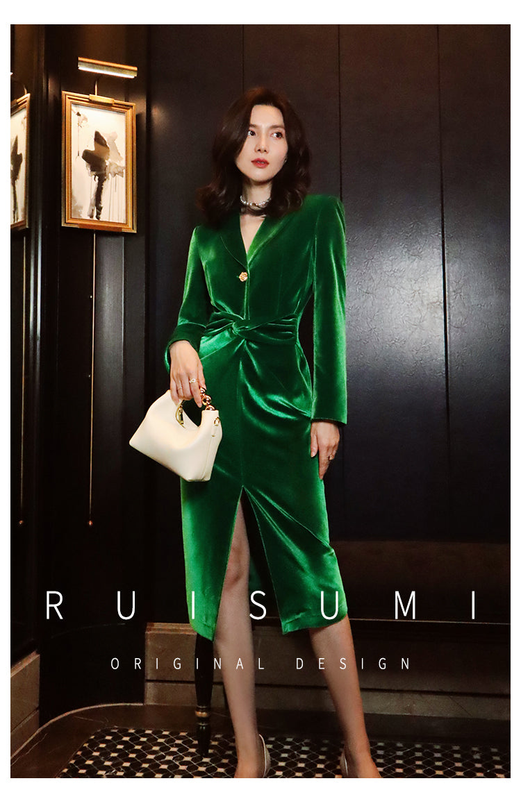 New retro light luxury design sense velvet simple self-cultivation feminine long-sleeved dress- Filia