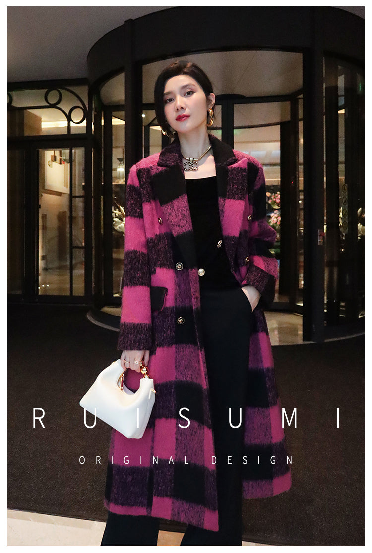 Winter New Design Sense Contrasting Pink Black Plaid Retro Wool Coat Double-breasted Long Coat- Cochela