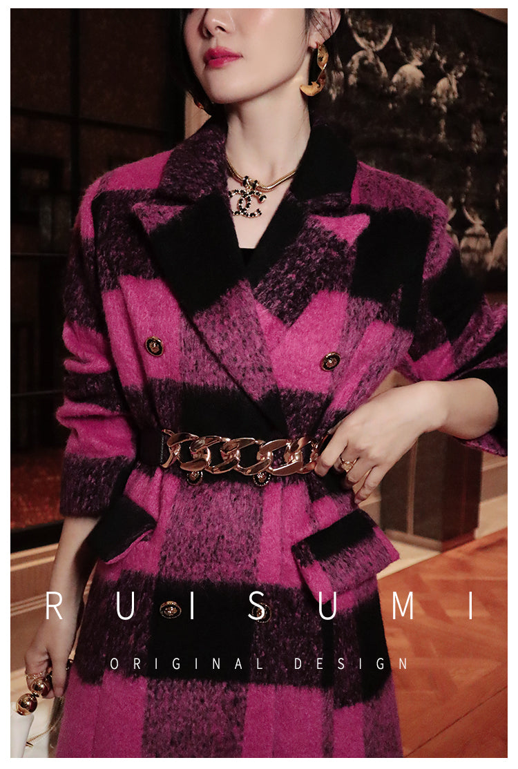 Winter New Design Sense Contrasting Pink Black Plaid Retro Wool Coat Double-breasted Long Coat- Cochela