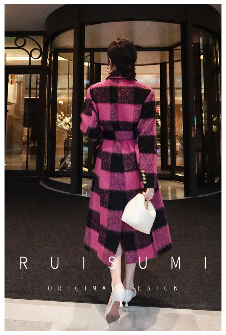 Winter New Design Sense Contrasting Pink Black Plaid Retro Wool Coat Double-breasted Long Coat- Cochela