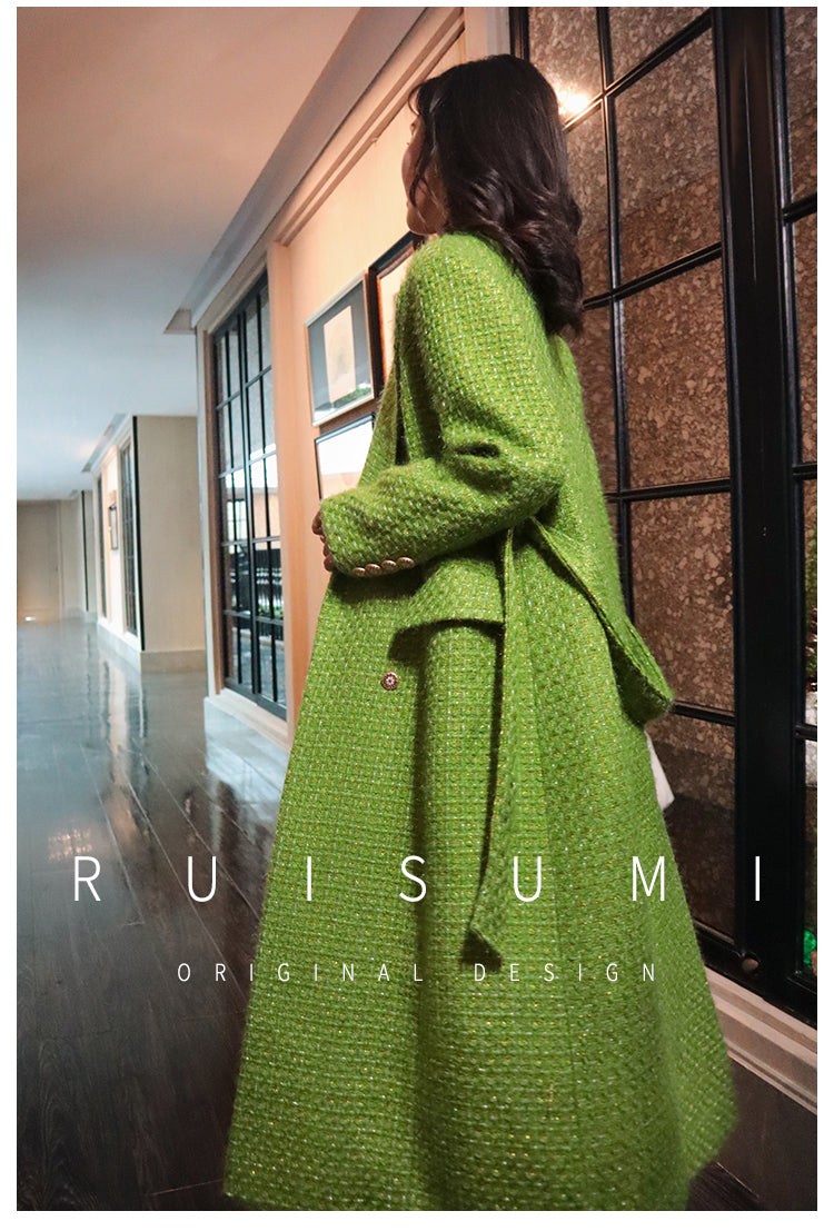 Elegant French style autumn and winter new high-end custom light luxury gold and silver silk small fragrant wind coat green fashionable woolen coat