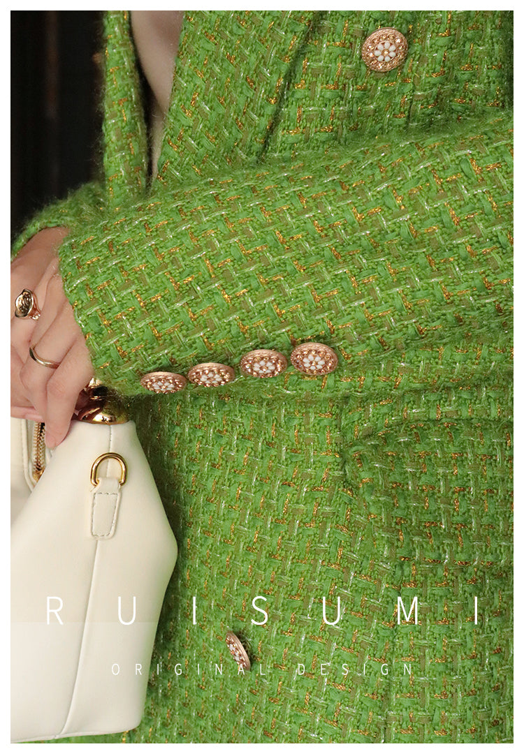 Elegant French style autumn and winter new high-end custom light luxury gold and silver silk small fragrant wind coat green fashionable woolen coat