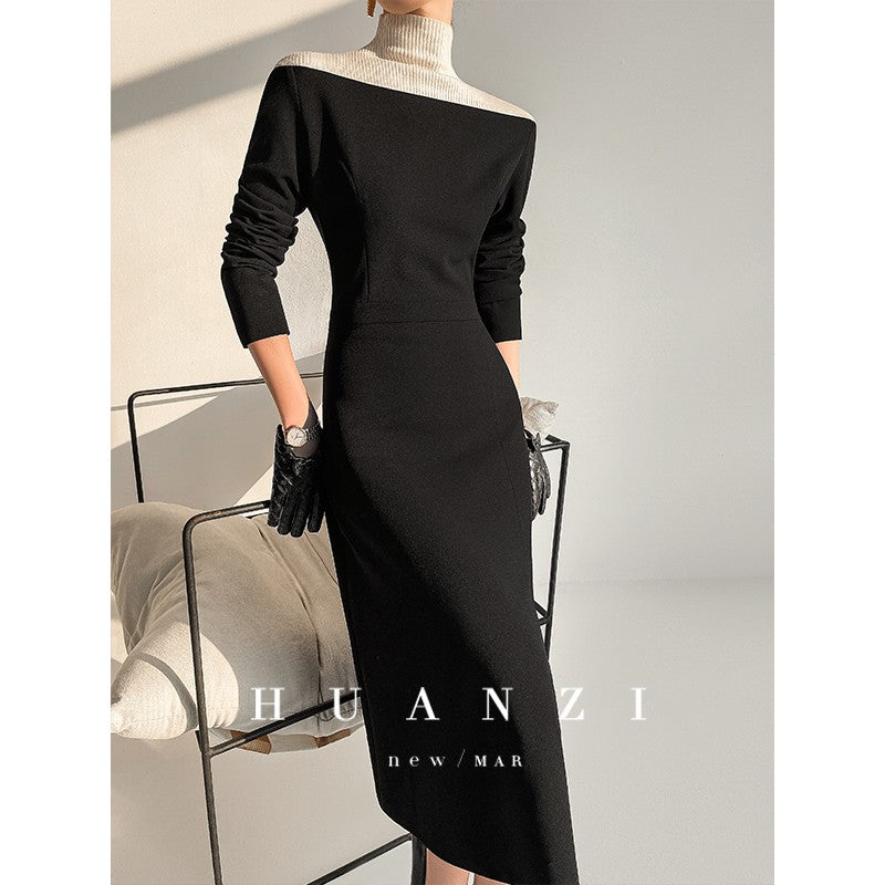 Huanzi new elegant classic black high turtle neck dress - Kios