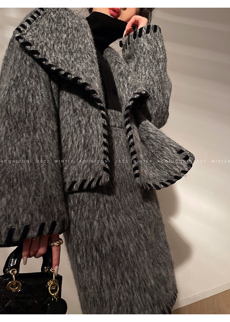 Aconiconi|Gray long hair fall winter wool short coat/skirt - Haizhou