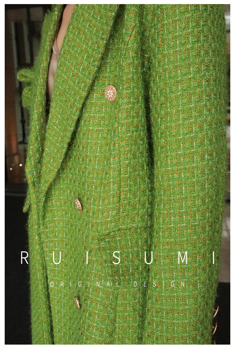 Elegant French style autumn and winter new high-end custom light luxury gold and silver silk small fragrant wind coat green fashionable woolen coat