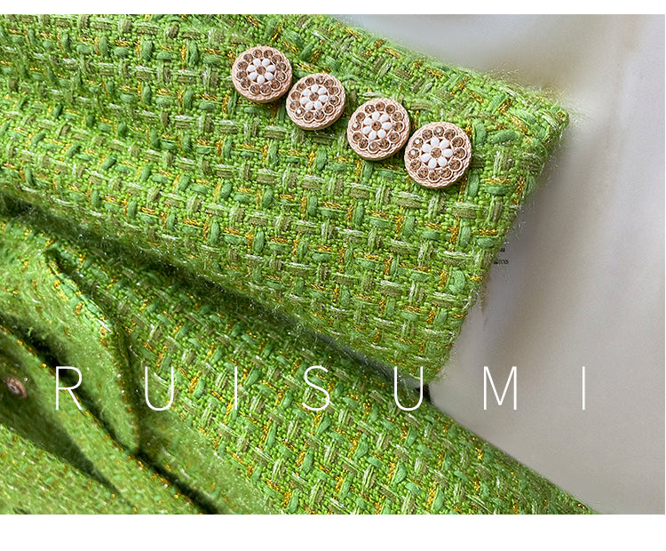 Elegant French style autumn and winter new high-end custom light luxury gold and silver silk small fragrant wind coat green fashionable woolen coat