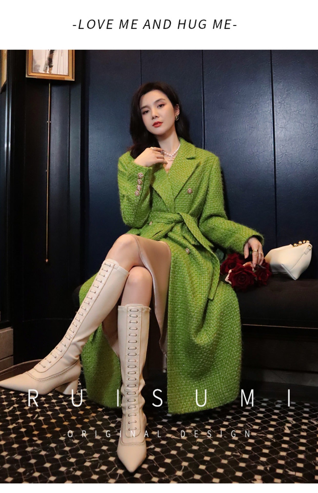 Elegant French style autumn and winter new high-end custom light luxury gold and silver silk small fragrant wind coat green fashionable woolen coat